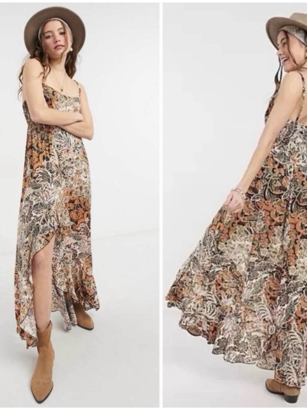 Free people forever yours Floral Print Maxi Dress with Side Slit - Brown Multi